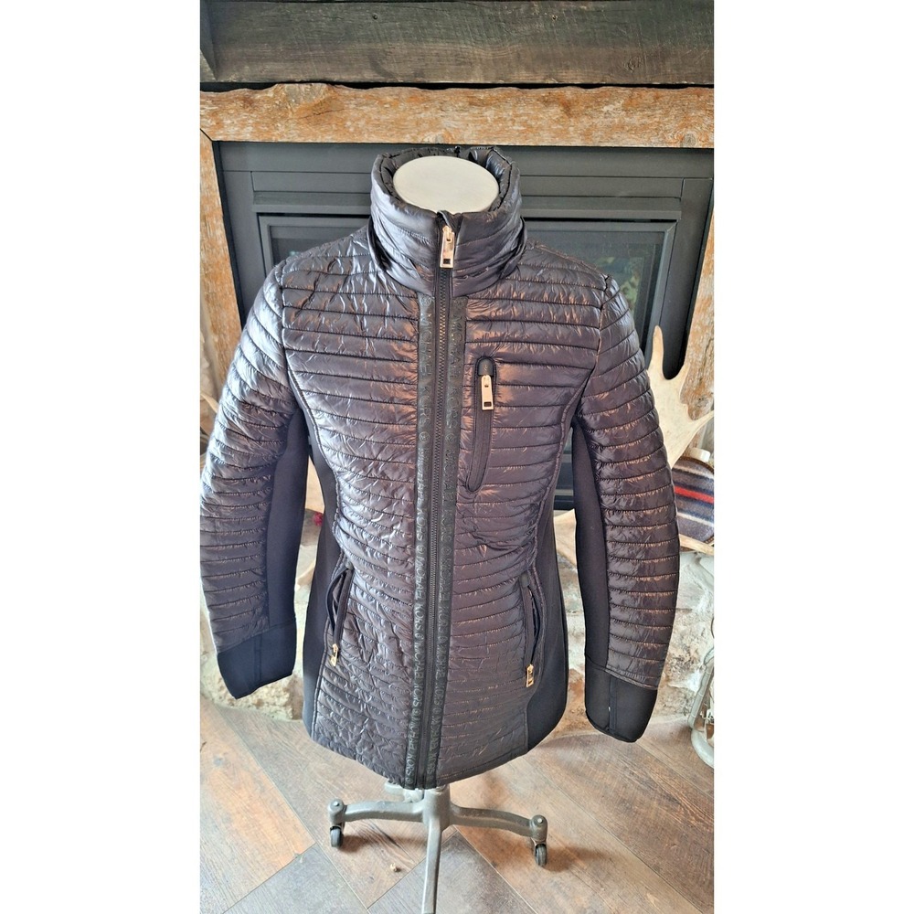 MICHAEL KORS BLACK DOWN QUILTED PUFFER JACKET COAT SIZE M STRETCH KNIT SLEEVES